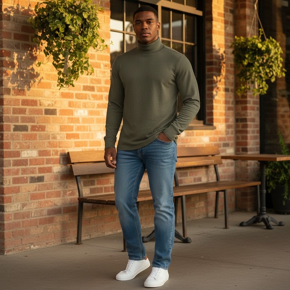 Buck Mason Basalt Sidewinder Rib Turtleneck Olive Cotton BM11300.948 Mens M